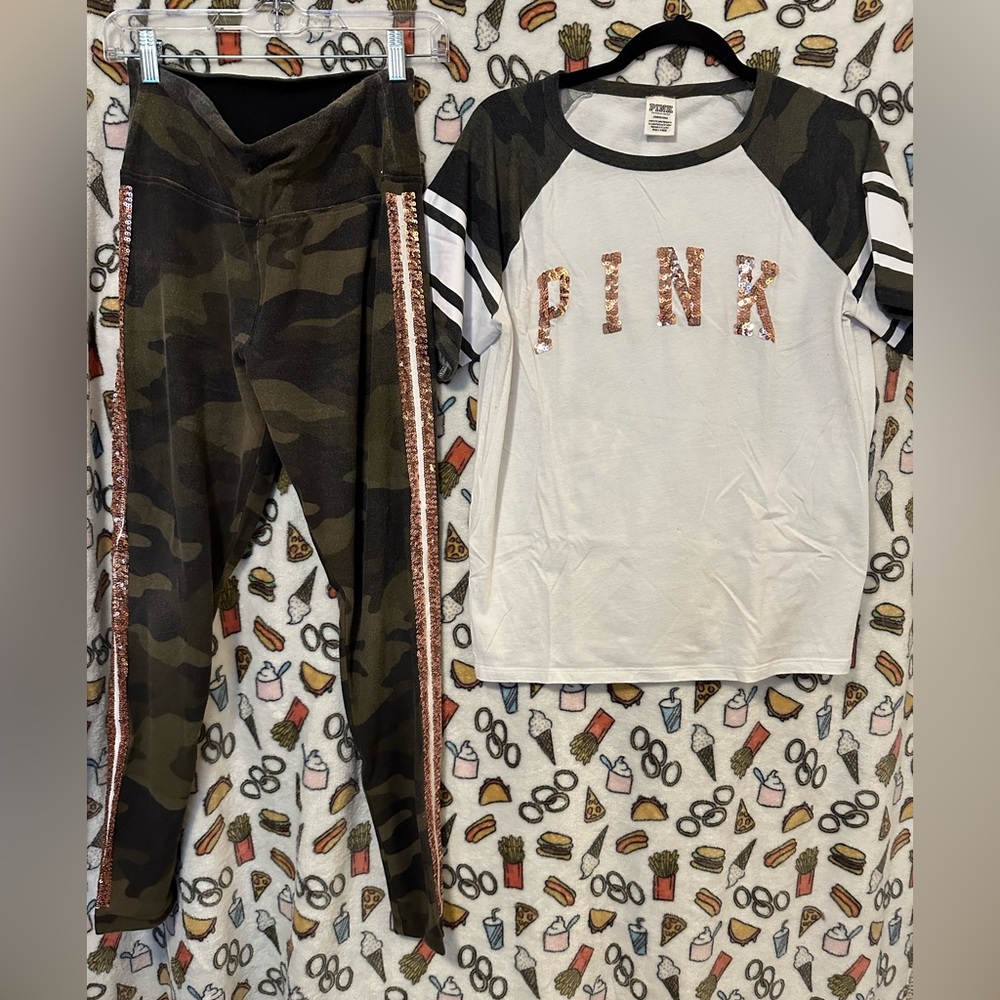 Pink brand rose gold sequined and camouflage detail.